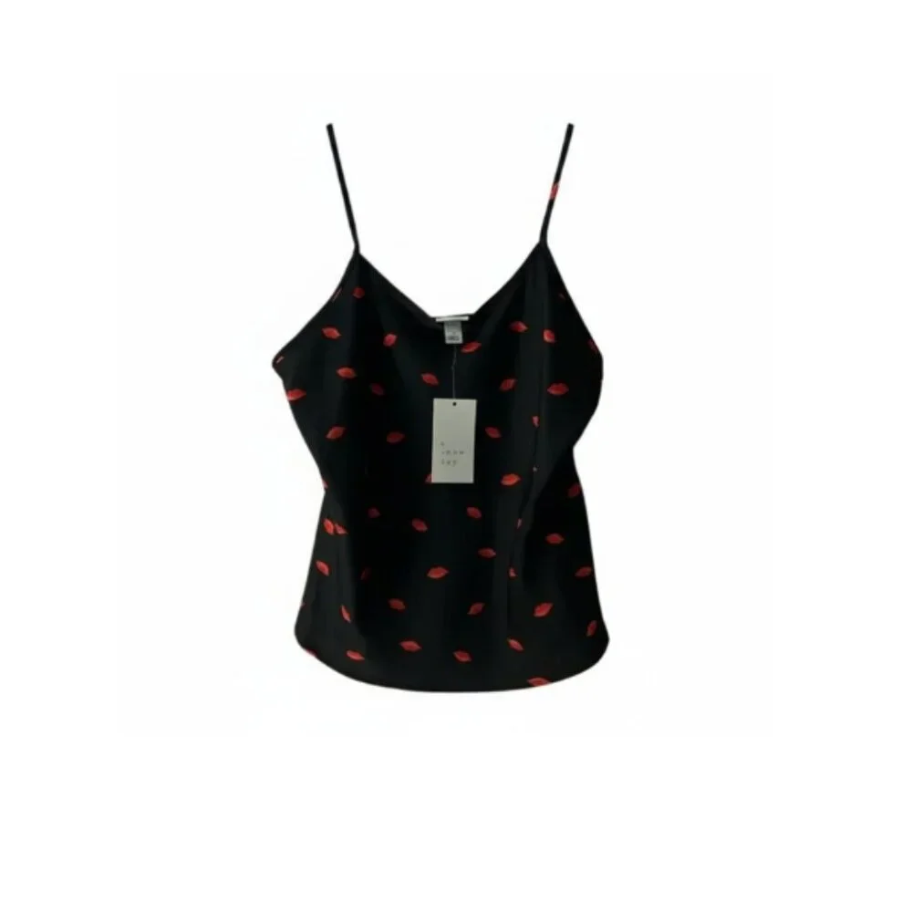 A New Day Black Camisole w Red Lips Women’s Medium Satin Cami Top NWT - Picture 2 of 4